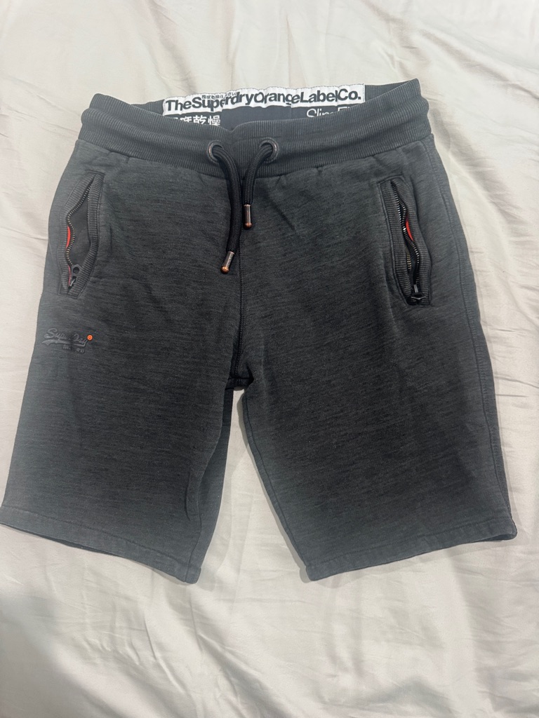 Superdry Dark Charcoal Drawstring Athletic Shorts With Orange Accent